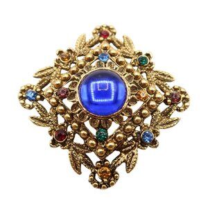 Retro Blue Cabochon Rhinestone & Gold Tone Square Brooch Unsigned